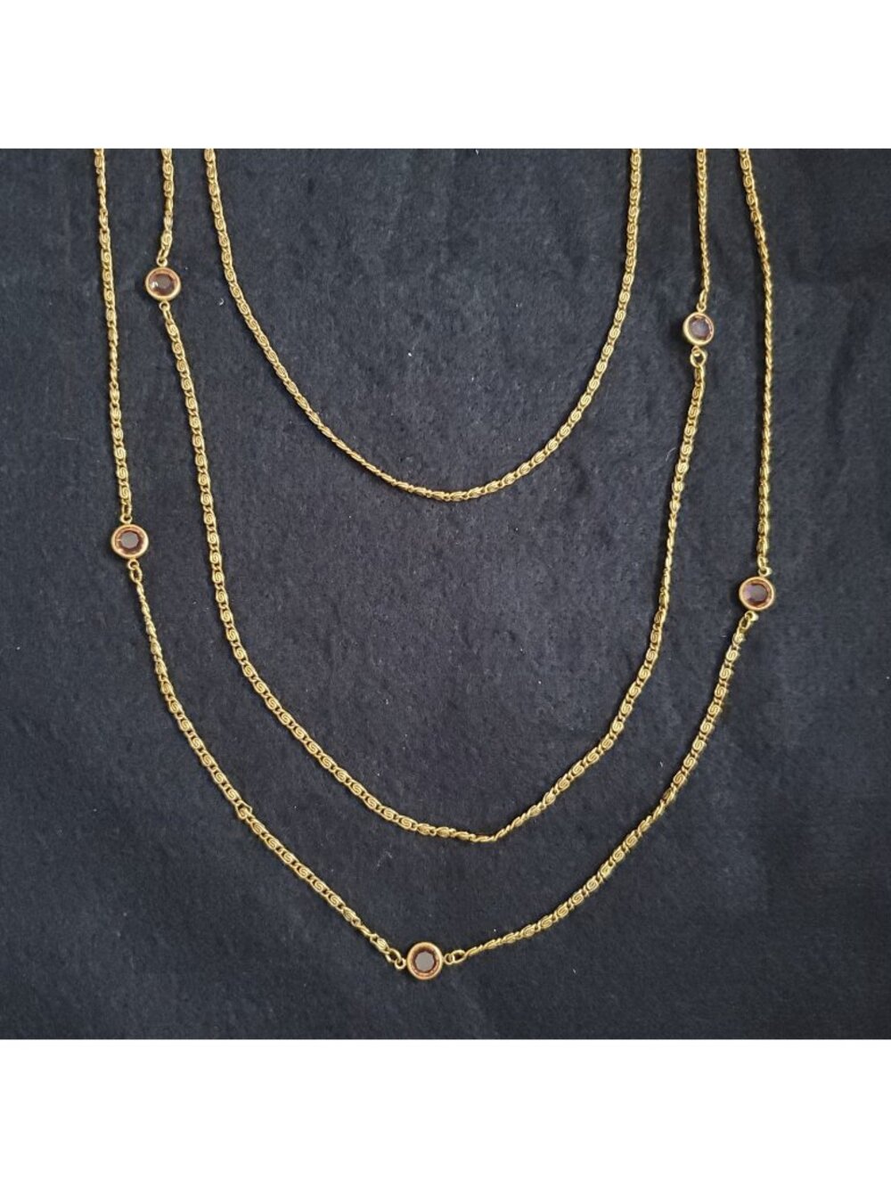 Vintage Goldette Necklace Layered Chain Crystal Stations Gold Tone 23"-34"